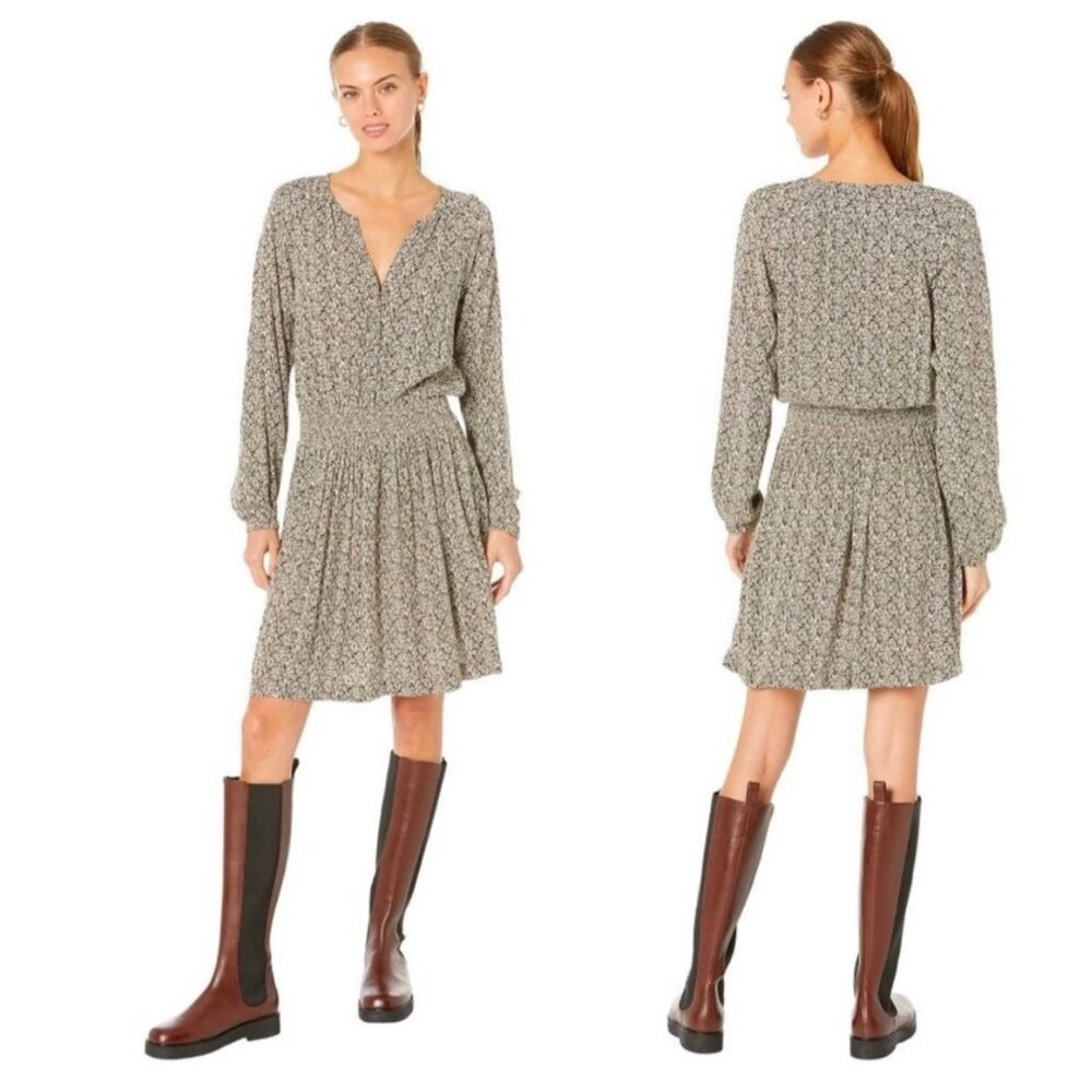 New Faherty Montara Leaf Batik Long Sleeve split-neck Dress Size